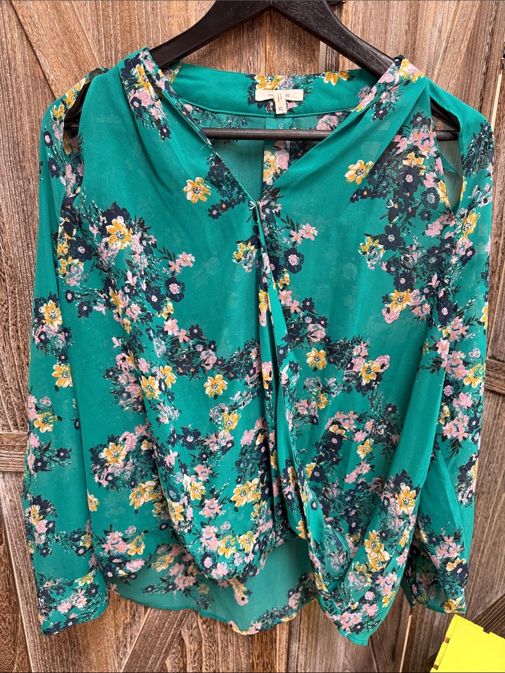 Maurices Teal Floral V-Neck Long Sleeve Blouse